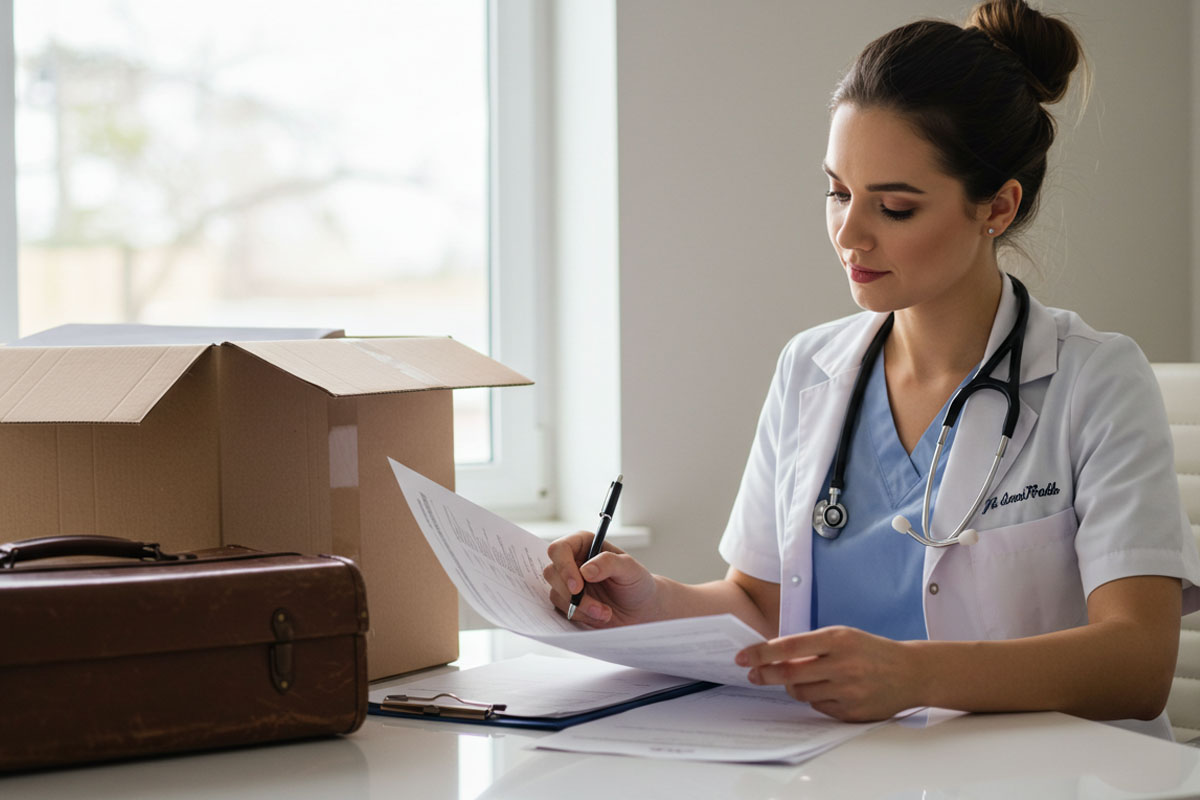 A doctor sitting at her desk and looking at a document