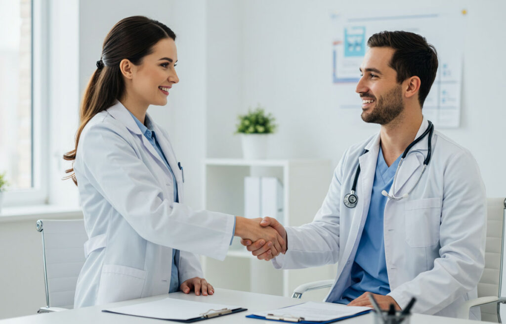 Two medical professionals shaking hands