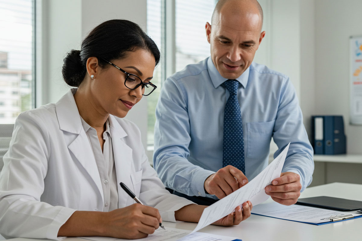 Two medical professionals looking at a piece of paper