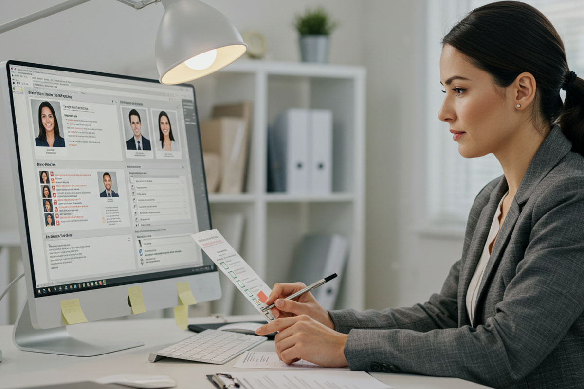 A woman at her desk looking at a monitor that shows people’s faces